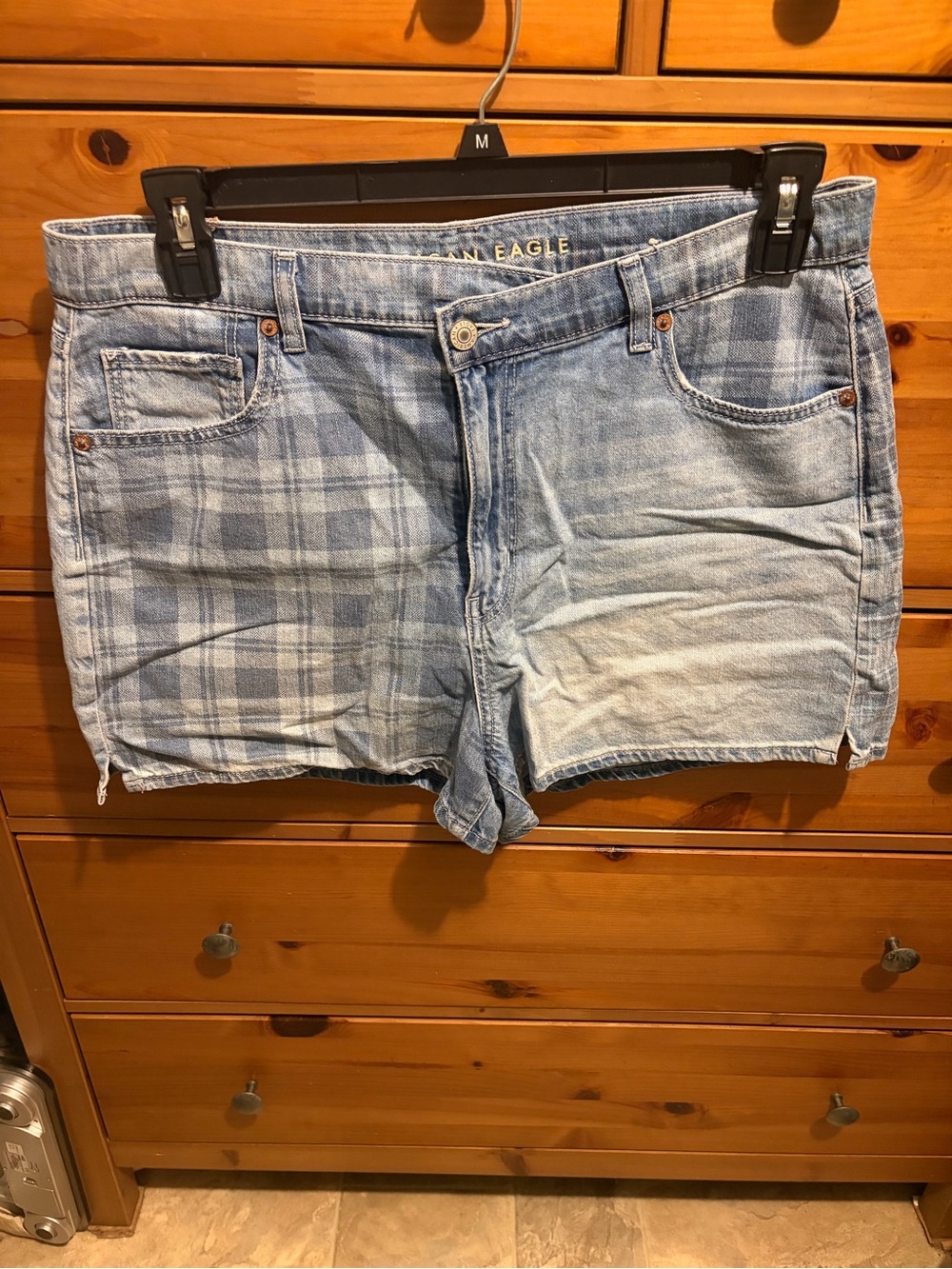 American Eagle Outfitters Light Blue Plaid Denim Cutoff Shorts